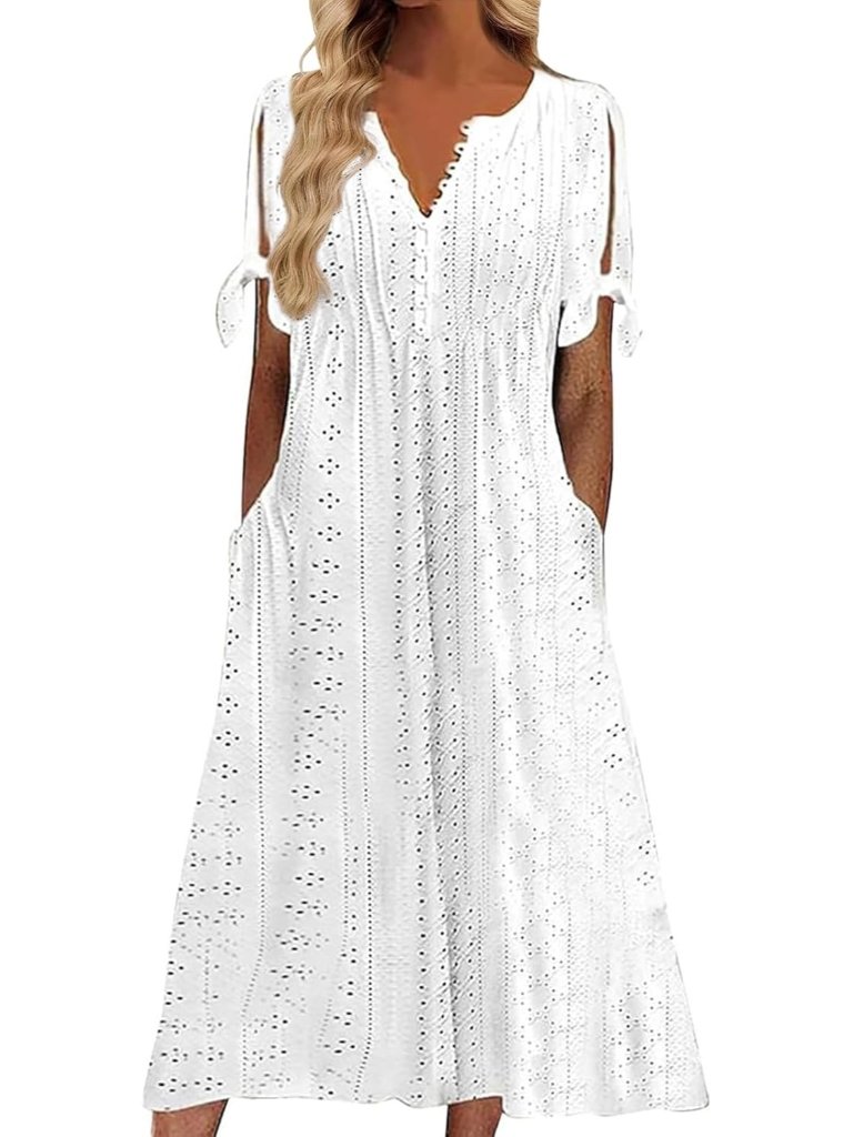 Women's White Boho Casual Elegant Ladies Dress Floral V-Neck Short Sleeve Maxi